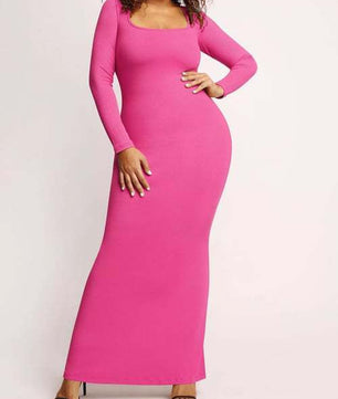 Round Neck Sleeved Slim Fitting Long Dress