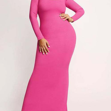 Round Neck Sleeved Slim Fitting Long Dress