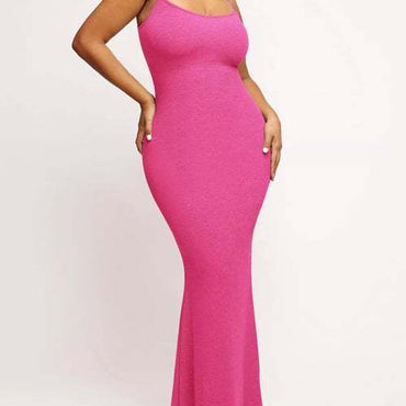 Round Neck Sleeved Slim Fitting Long Dress